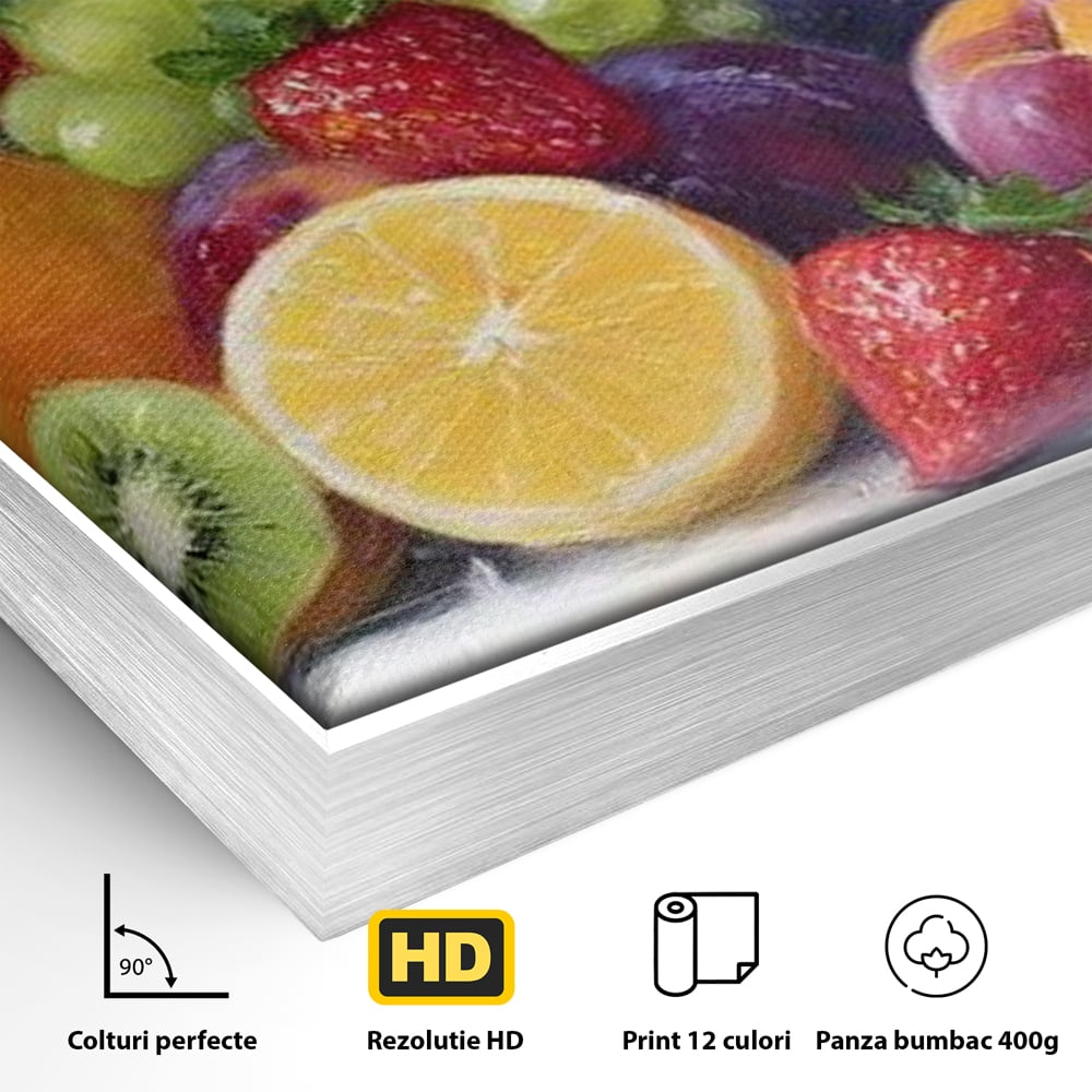 Detaliu al suprafetei: pictura cu cos de fructe, in rama de aluminiu argintiu